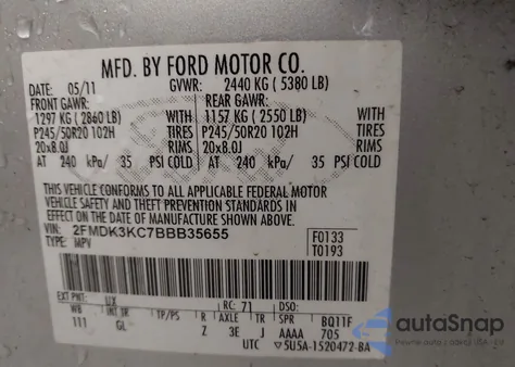 2011 Ford Edge Limited z USA, uszkodzony, nr VIN 2FMDK3KC7BBB35655